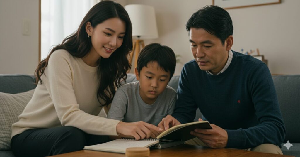 野球少年の父親が、子供と一緒に野球ノートを書きながら、諦めない心を育むための対話をしている様子。