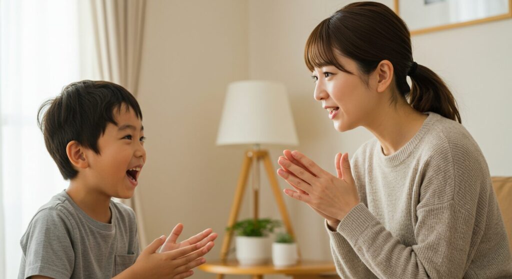 自宅のリビングで、息子の話を真剣な表情で聞いている母親。子供が安心して自分の意見を話せる家庭環境を象徴する画像。