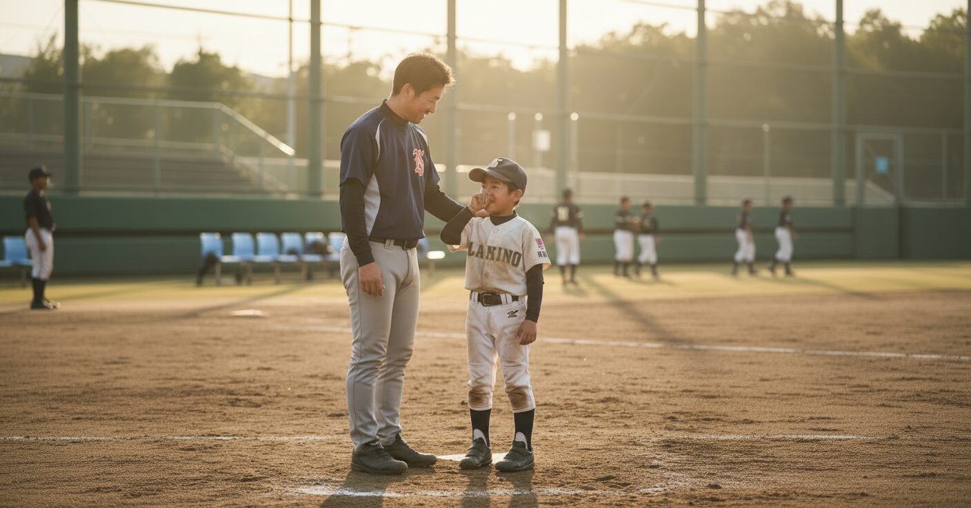 少年野球の試合後、悔し涙を流す息子を励ます父親。この記事では、走塁が遅い悩みを解決する練習法を解説します。