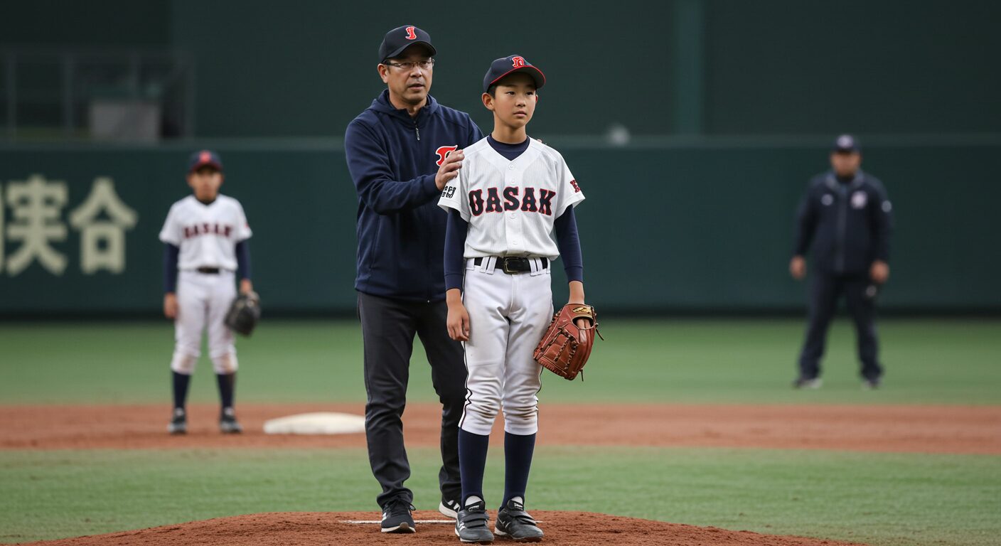 少年野球の投手を励ます父親