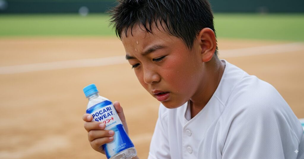 少年野球の試合中、ベンチでぐったりと体温計を持つ少年。子どもの熱中症の危険性を表している。