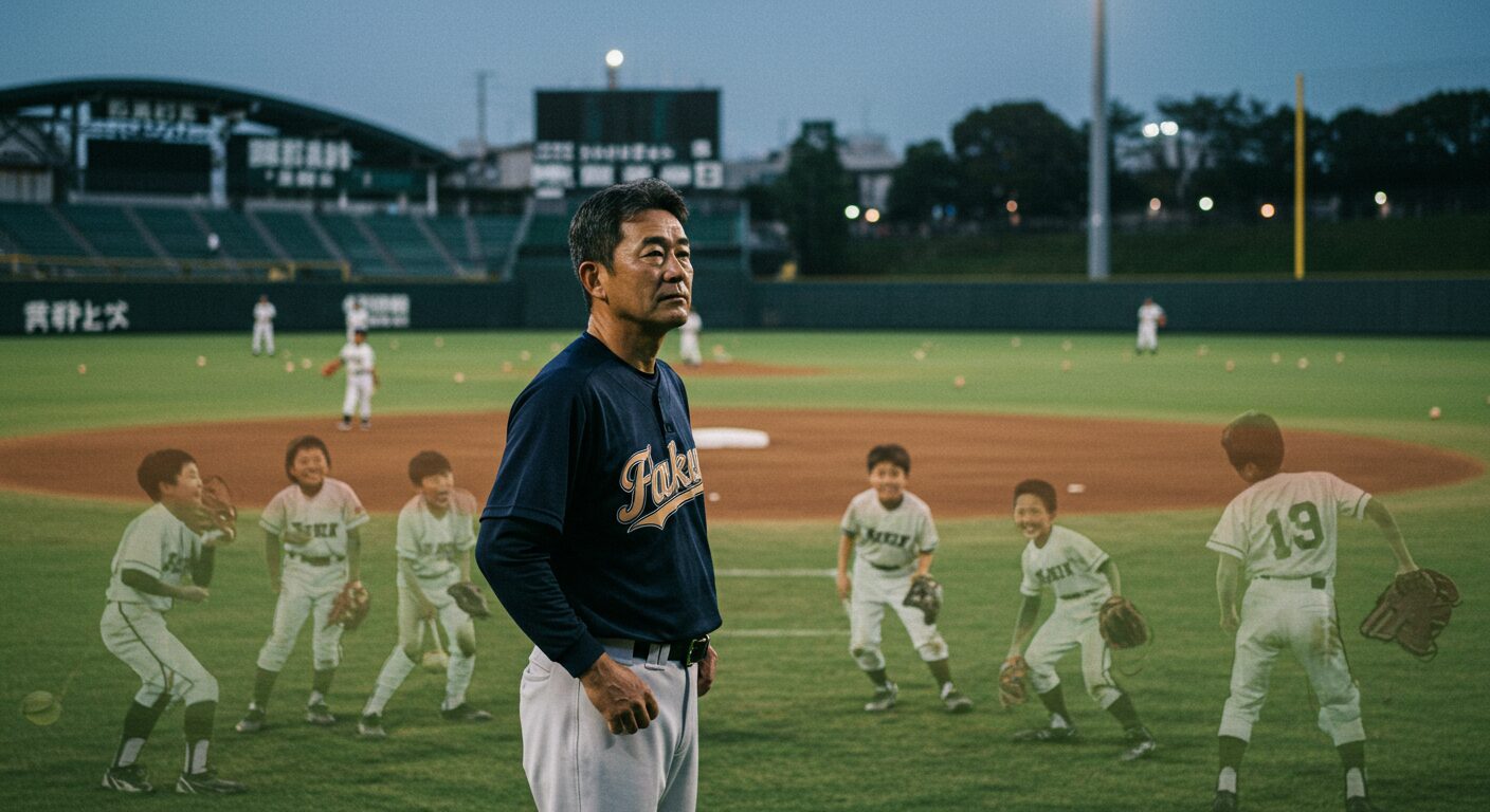 少年野球の指導者がグラウンドで深く考え込む様子。DeNA三浦監督の辞任から指導者の真の責任を問う記事のアイキャッチ。