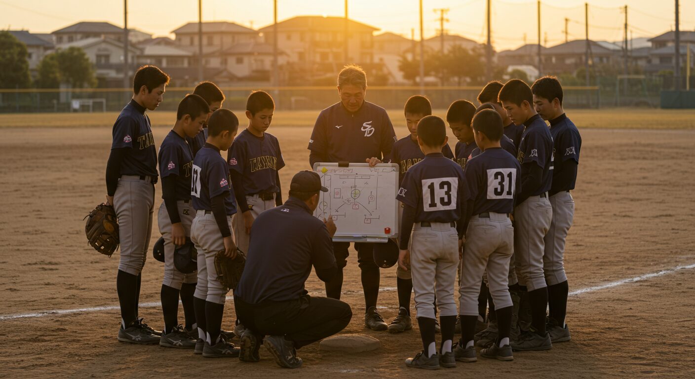 夕暮れのグラウンドで円陣を組む、部員10人の少年野球チームとパパコーチ
