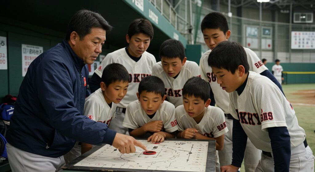 作戦ボードを囲んで戦術を確認する少年野球の選手たちとコーチ