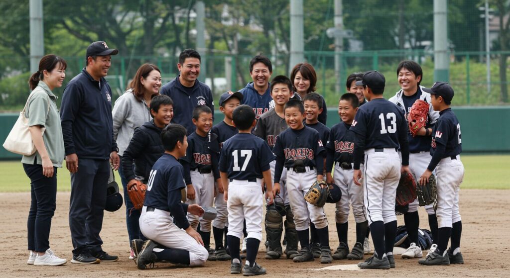 指導者と保護者が協力し、子供たちを温かくサポートする少年野球チームの理想的な光景。