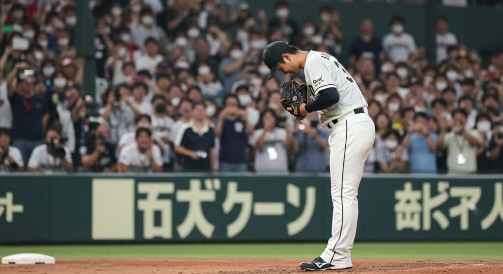 引退試合を終えた野球選手が、支えてくれた人々への感謝を込めてマウンドでお辞儀をしている感動的なシーン。