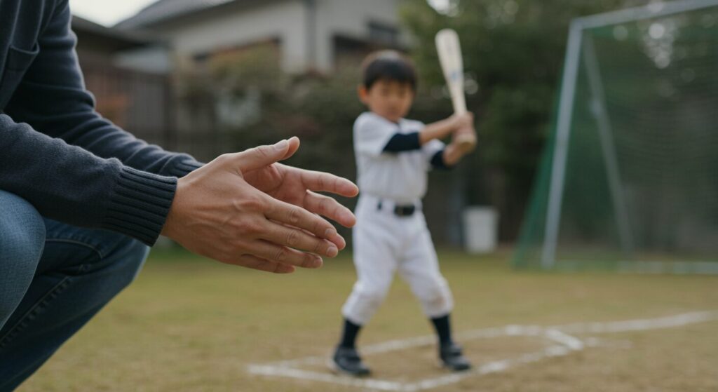 自宅の庭で野球の素振りをする息子を、指導するのではなく、信頼の眼差しで優しく見守る父親の姿。桑田真澄の「教えない」子育てをイメージした写真。
