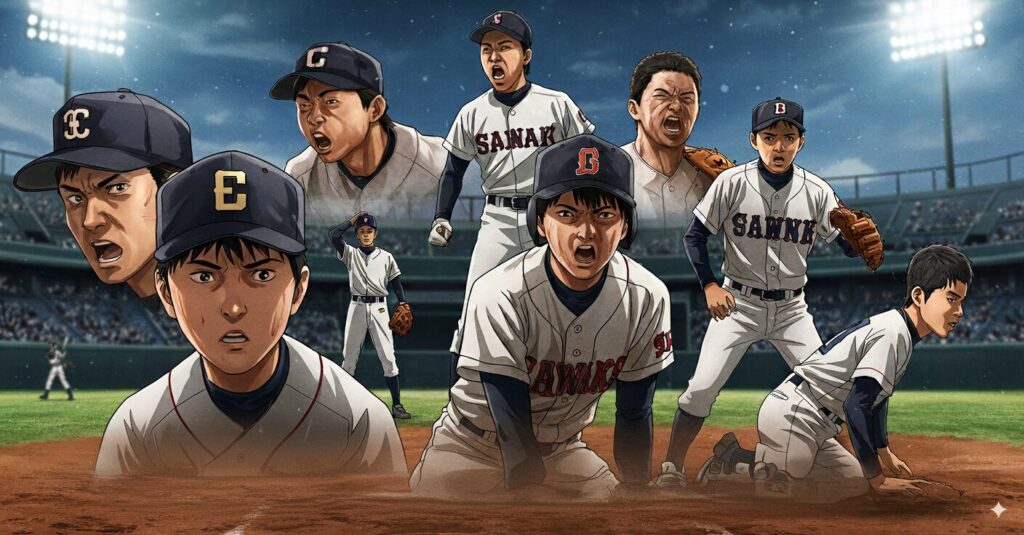 日本の少年野球チームの厳しい練習風景。厳しい表情の監督から指導を受ける、緊張した面持ちの子どもたち。