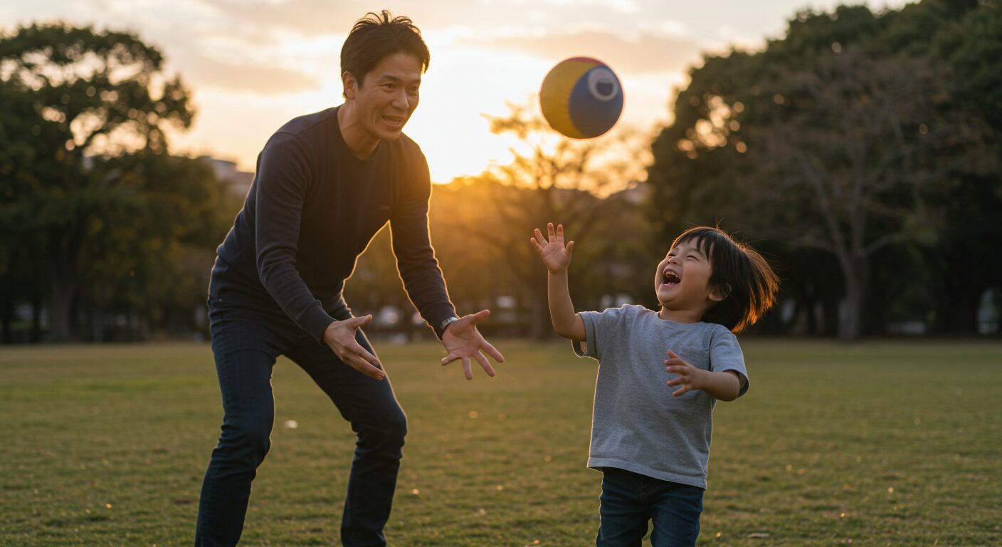 夕焼けの公園でキャッチボールをする日本の親子。厳しく指導していた父親が、息子の心からの笑顔を見て、自身も温かい笑顔に変わる瞬間。