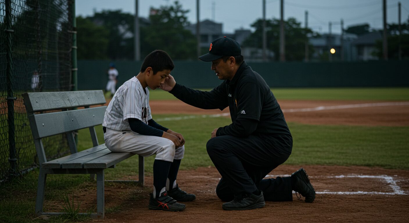夕暮れのグラウンドで落ち込む野球少年に、父親が優しく寄り添う。育成出身選手のように逆境を乗り越える親子関係を象徴する画像。