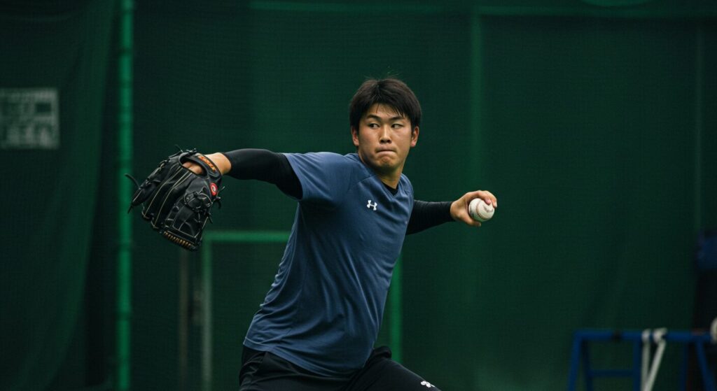 ファームの練習施設で、一人黙々と投球練習に励む若き日の茨木秀俊投手。怪我からの復活を目指し、努力を続ける。