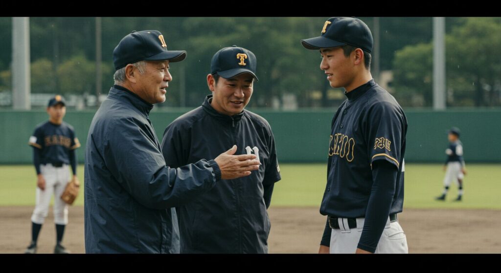 高校時代、恩師である芝草宇宙監督から指導を受ける茨木秀俊投手。その傍らには弟・佑太の姿も。