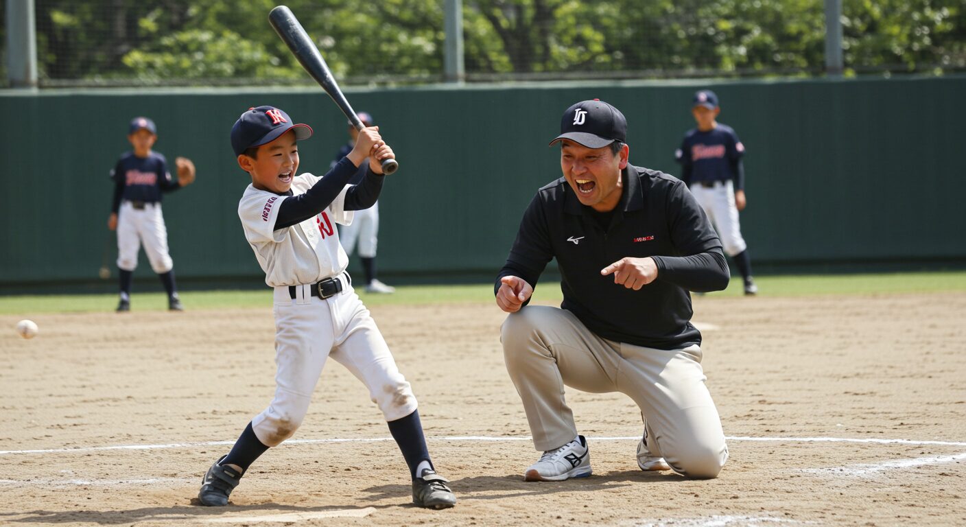少年野球の練習で力強いスイングをする息子と、その足元を指さして笑顔で見守る父親