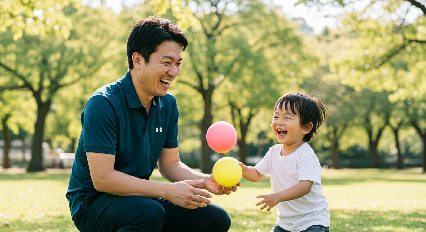 公園で野球未経験の父親と息子が柔らかいボールで遊びながら「脱キャッチボール」を実践している楽しそうな様子