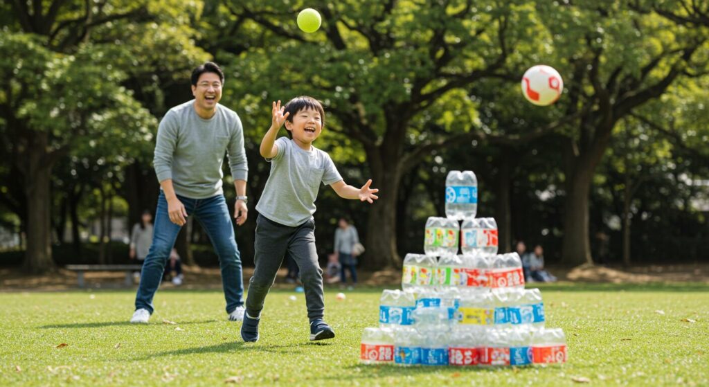 公園で息子がペットボトルの的にボールを当てて倒し、父親が笑顔で応援している的当てゲームの様子