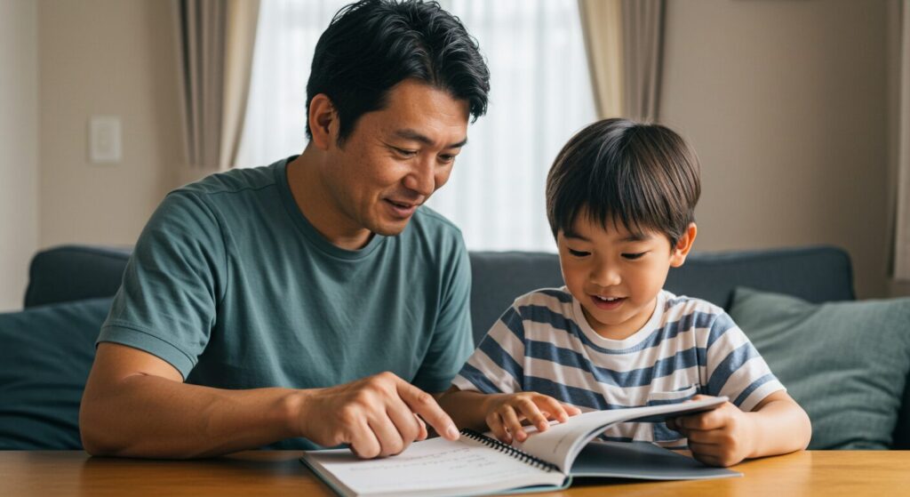 父親と息子がリビングで野球ノートを囲んで楽しそうに話している。親子で逆境力を育むための具体的な実践方法を示す画像。