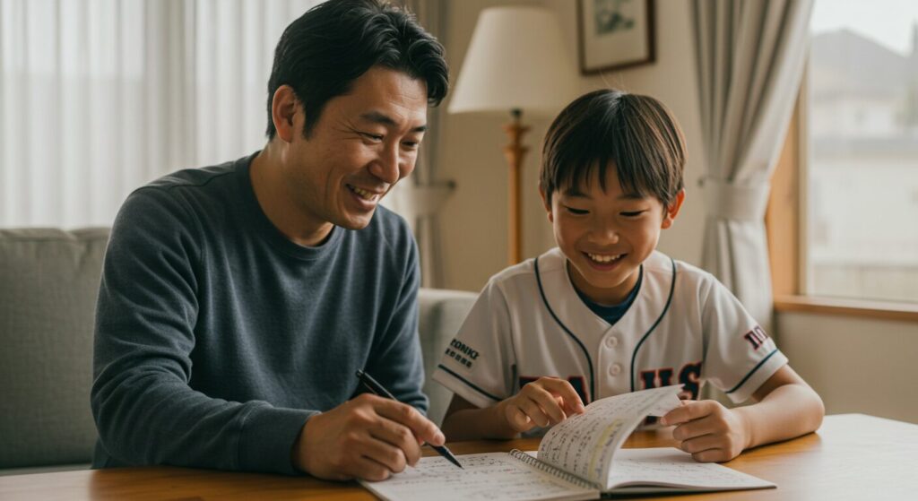 少年野球の息子と父親が野球ノートを囲んで話している様子