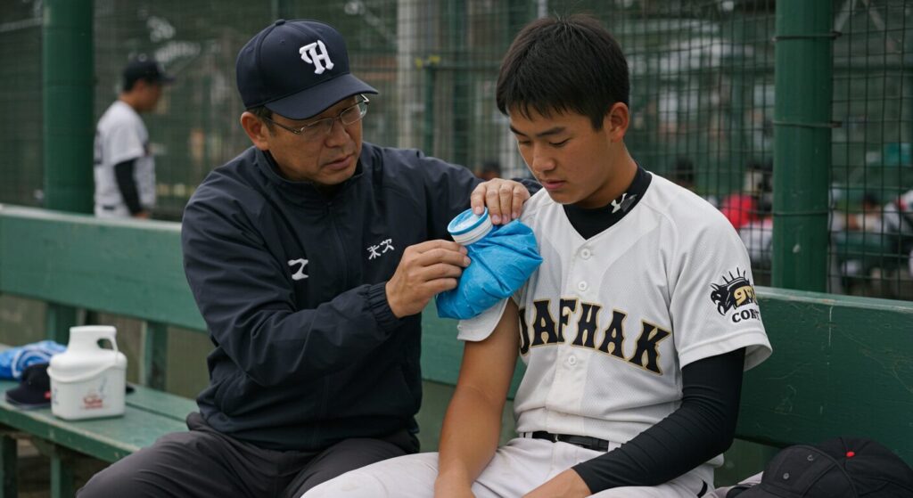 試合後に息子の肩をアイシングでケアする父親