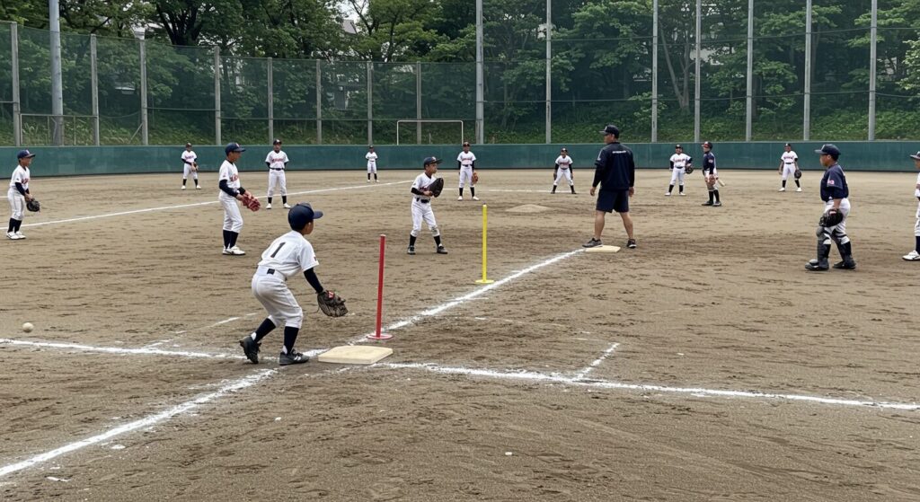 グラウンドの各所で複数の練習を同時に行う少年野球チーム