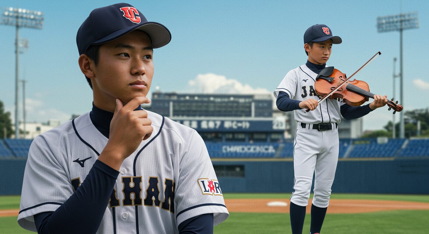 少年野球のユニフォームを着た少年と、その傍らに佇むバイオリンを持つ音楽家の姿。野球と音楽の道の間で選択をする様子を象徴的に表現した画像。