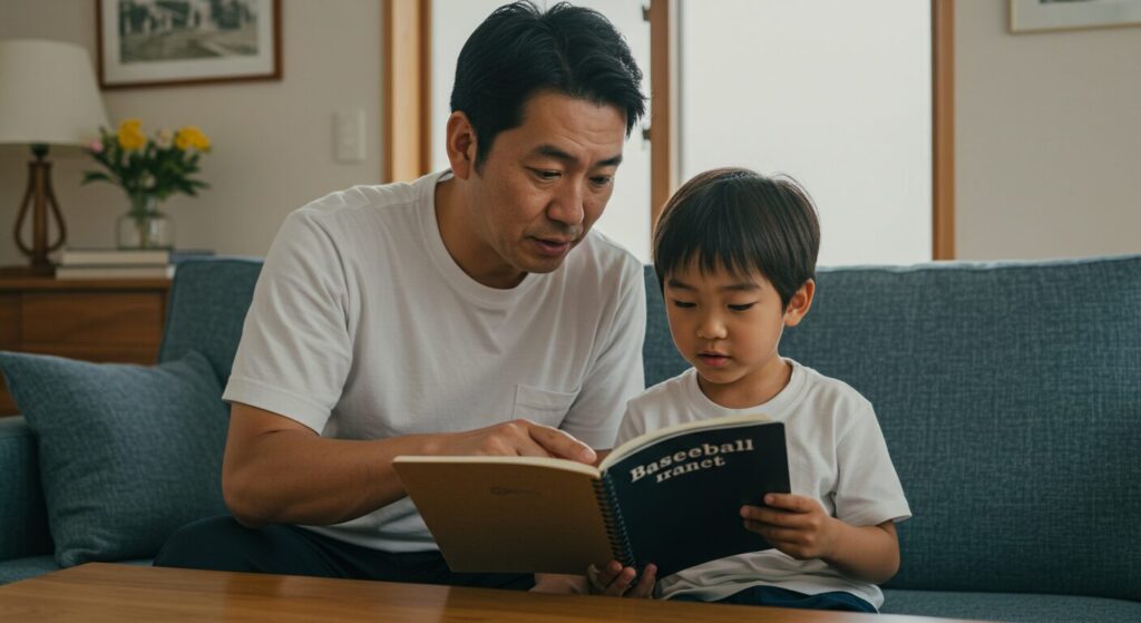 野球ノートを使いながら子供と対話する父親