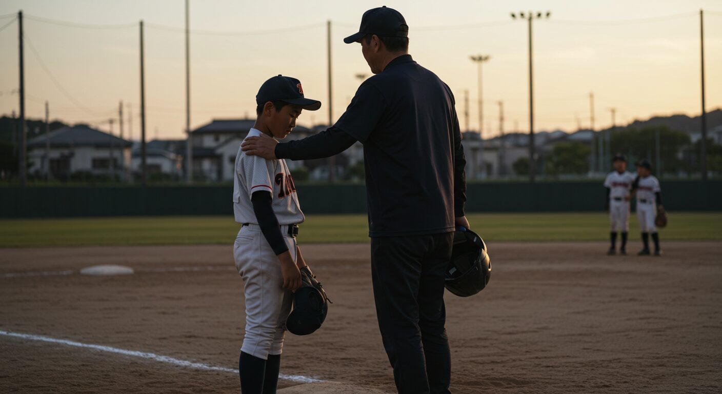 夕暮れのグラウンドで落ち込む野球少年に父親が寄り添い、諦めない心の大切さを伝えている様子の写真。