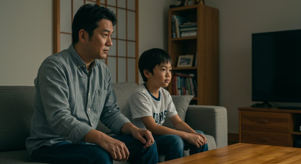 リビングのソファでWBCを観戦する日本の親子。父親が息子を優しいまなざしで見つめ、考えを改めるきっかけを得た瞬間。