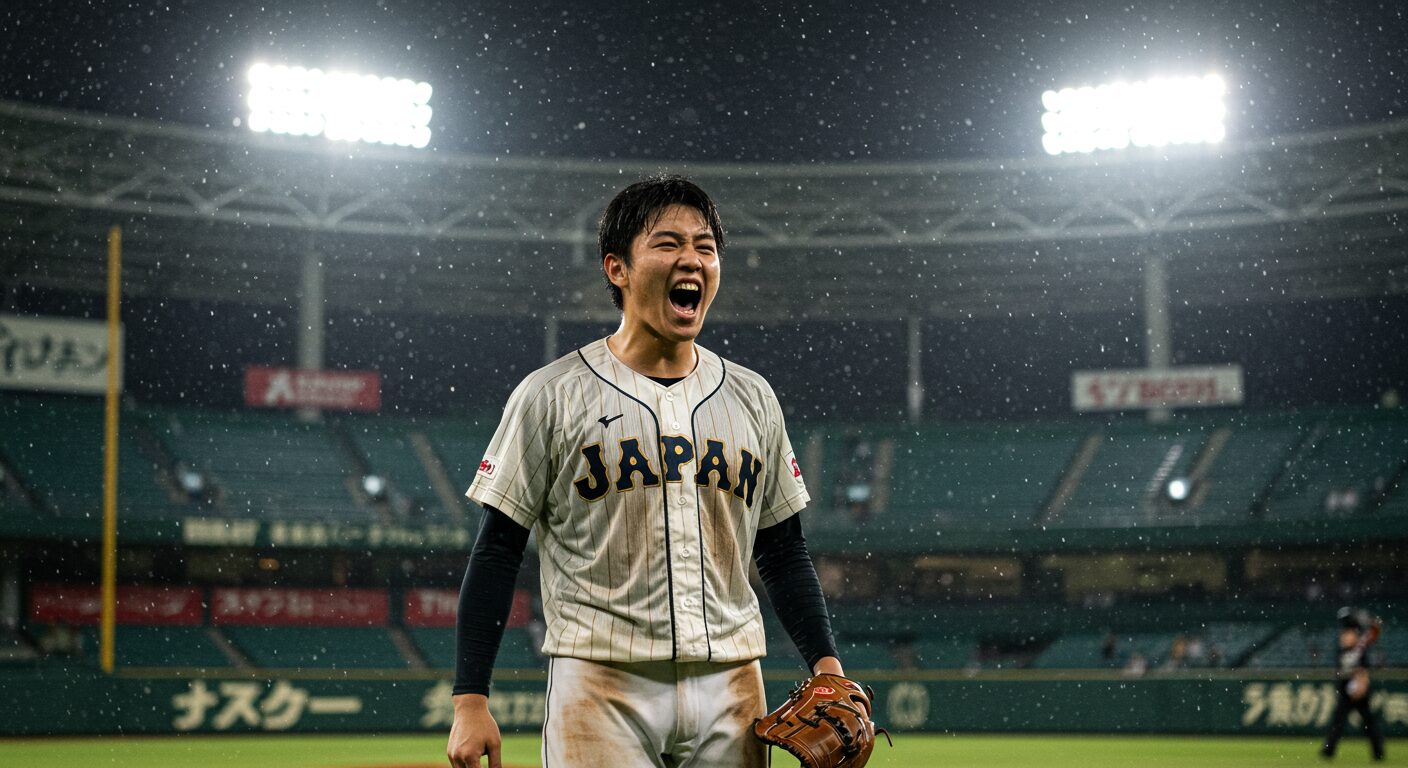 雨が降る神宮球場のマウンドで、プロ初登板を果たした阪神タイガースの茨木秀俊投手。逆境を乗り越え、安堵の表情を浮かべる。