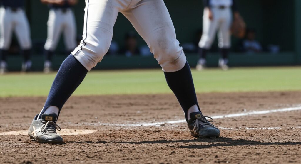 バッターボックスで地面をしっかりと掴む少年野球選手の足元。特に親指に力が入っている様子。