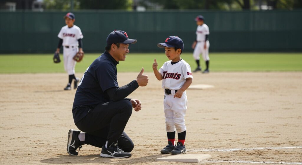 グラウンドで少年と目線を合わせ、笑顔でサムズアップを送る大人