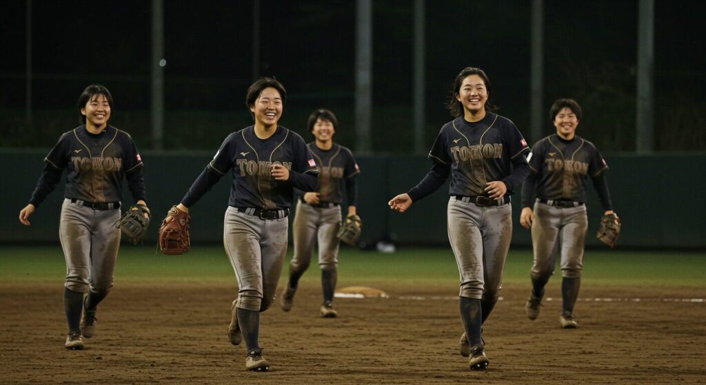 夕暮れのグラウンドで笑顔で練習する日本の女子高校野球部員たち