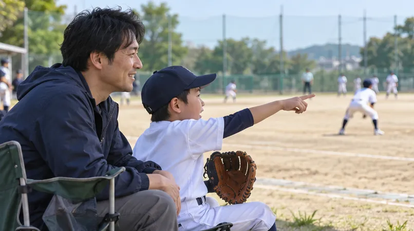 少年野球の試合を観戦し、守備中の選手について穏やかに話す父と子（生成AIによるイメージ）