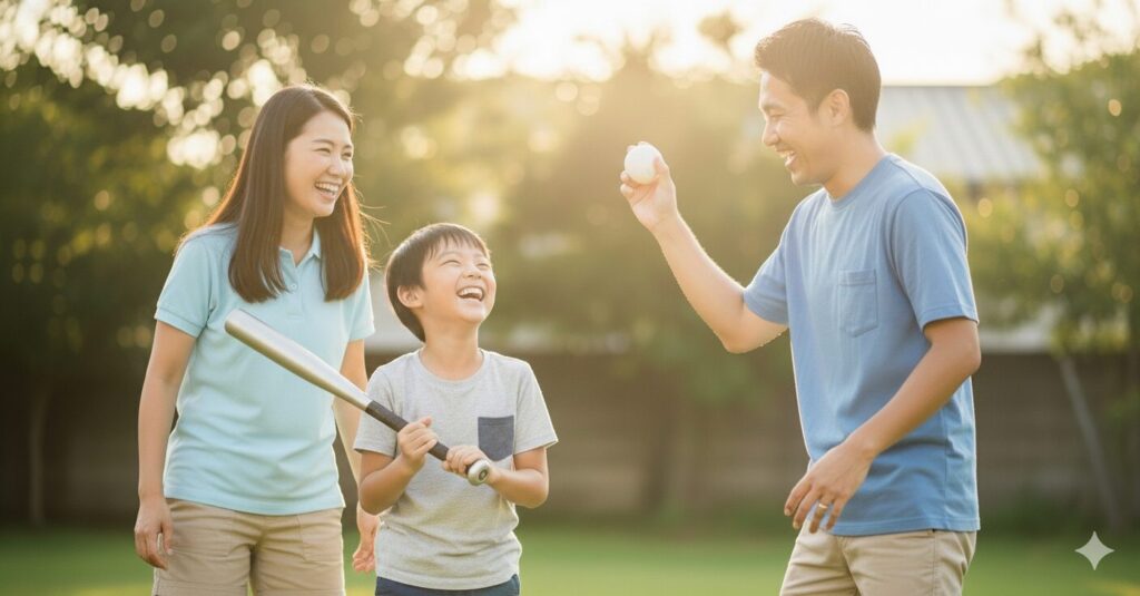 自宅の庭で息子と野球を楽しむ父親