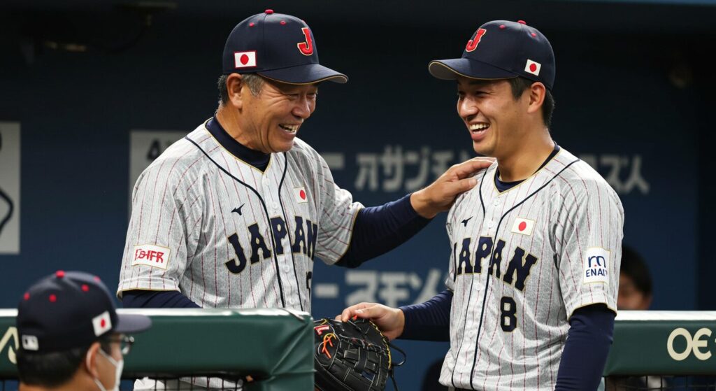 ベンチで若手選手に笑顔でアドバイスするベテラン野球選手