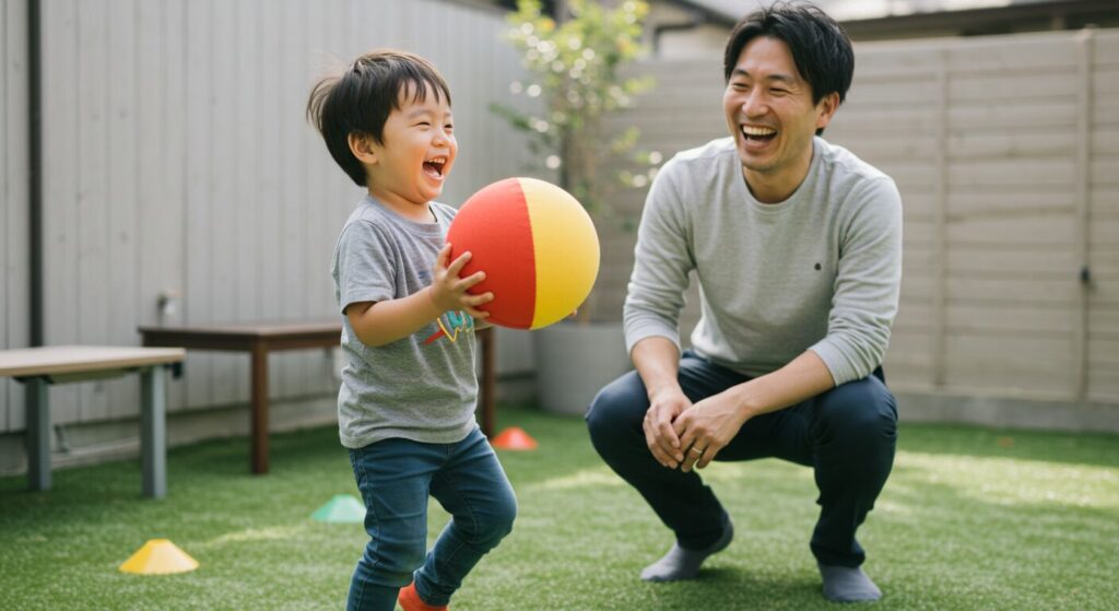 父親と息子が柔らかいボールを使って遊びながら野球の練習をしている