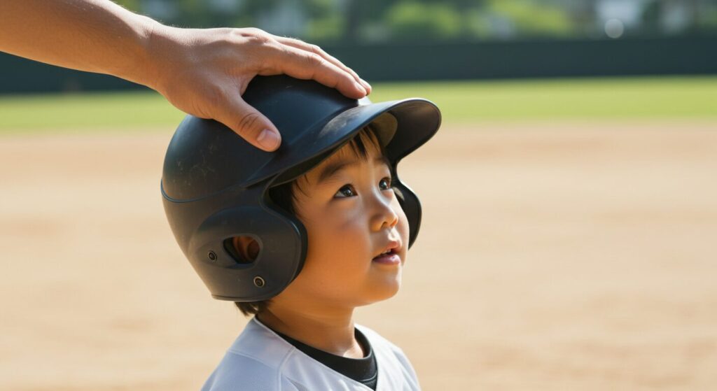 野球場で息子のヘルメットに優しく手を置く父親
