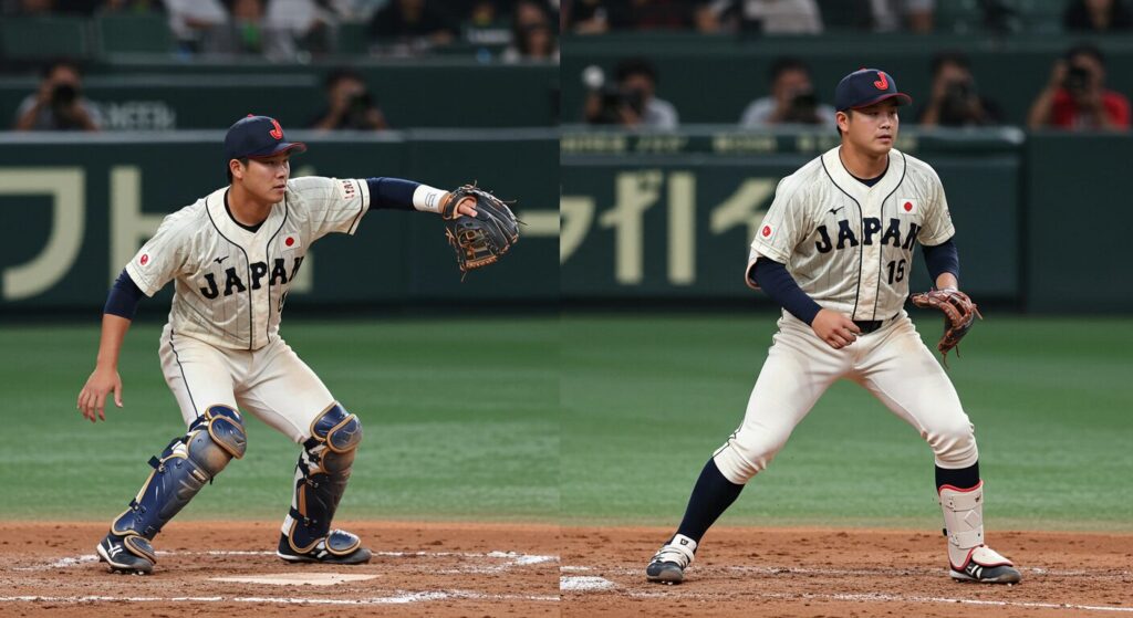 ベンチで若手選手に笑顔でアドバイスするベテラン野球選手