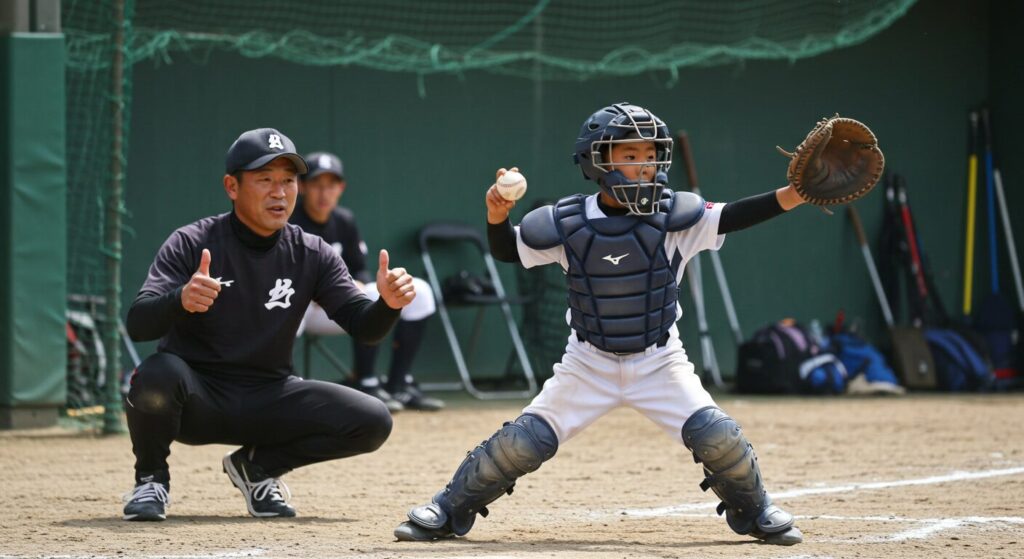 キャッチャーの少年がショートバウンドのブロッキング練習に成功している