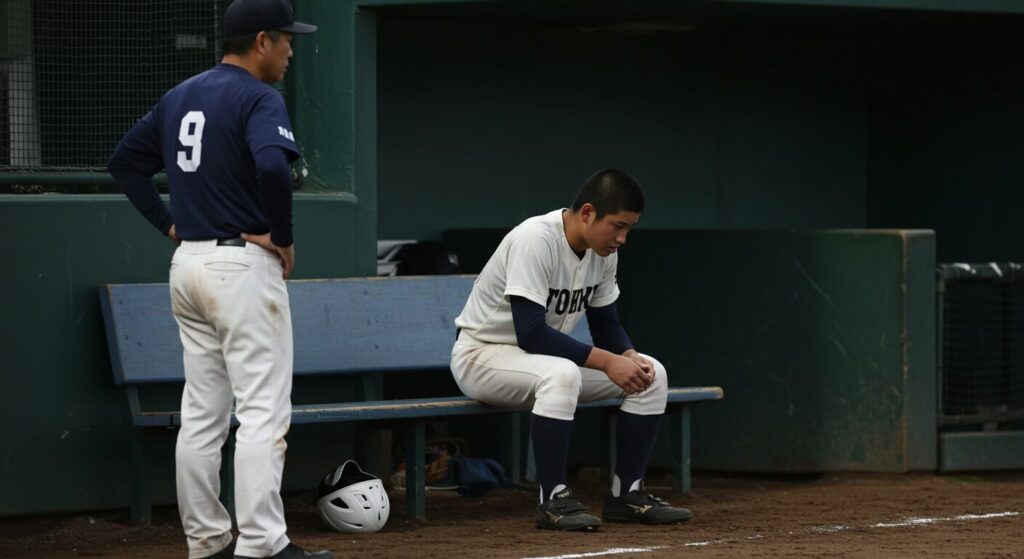 ベンチで落ち込む少年野球の選手と、少し離れて立つ父親