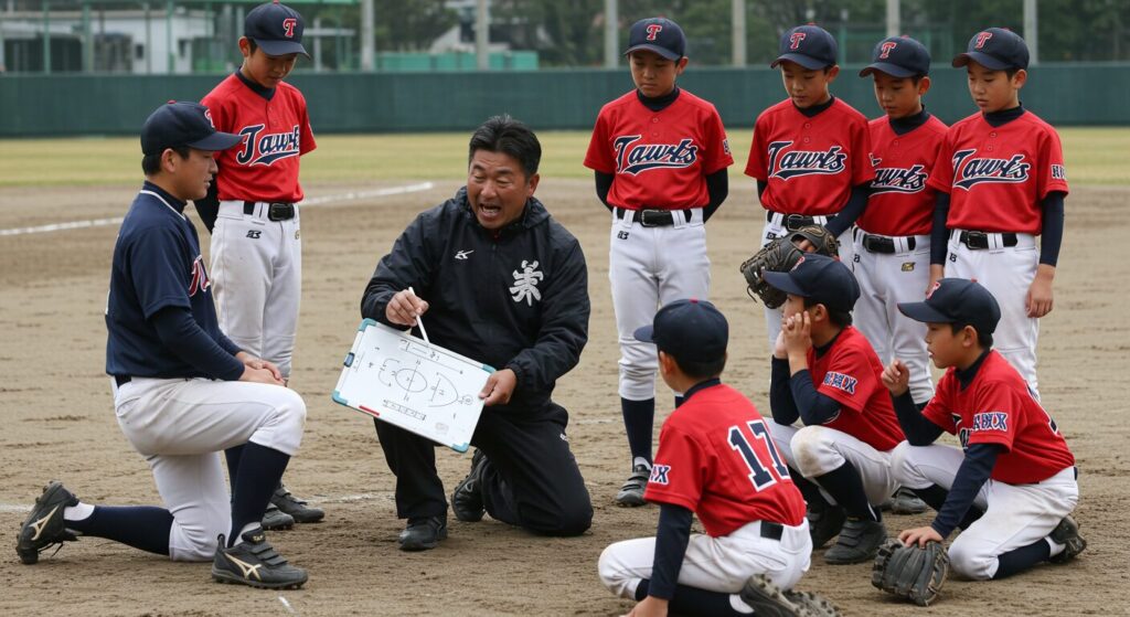 少年野球の監督が選手たちに熱心に指導している場面