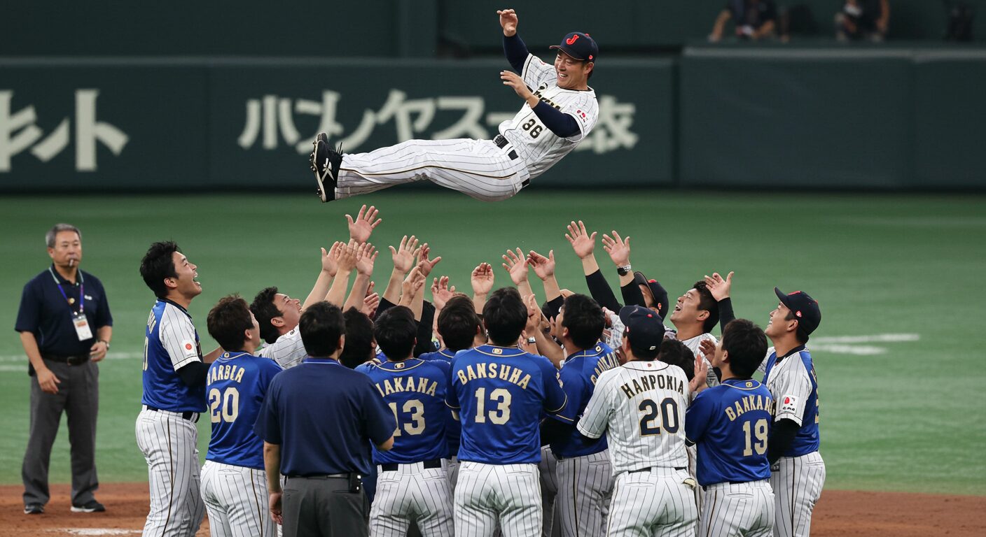 引退する野球選手がチームメイトに胴上げされている感動的なシーン