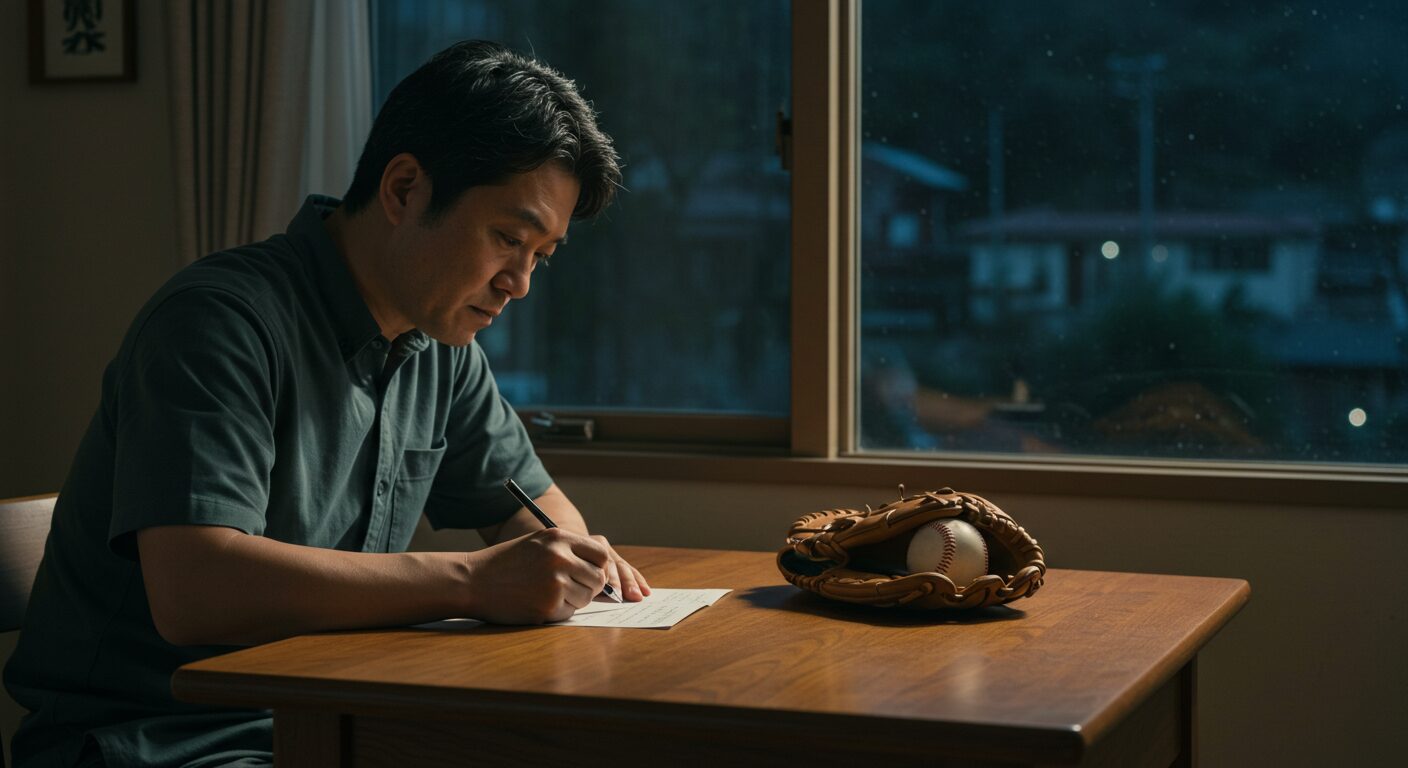 夜、机に向かい少年野球を卒団する息子への手紙を書く父親