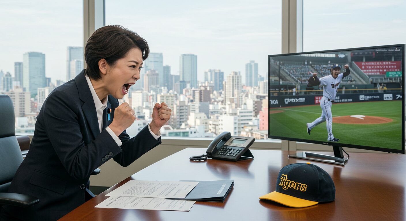 スーツ姿の女性政治家が執務室で熱狂的に野球観戦している様子
