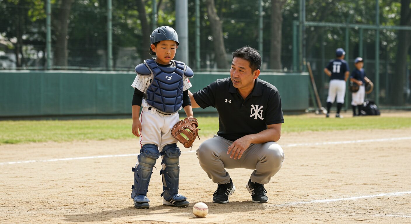少年野球のキャッチャーの男の子が父親に励まされている様子