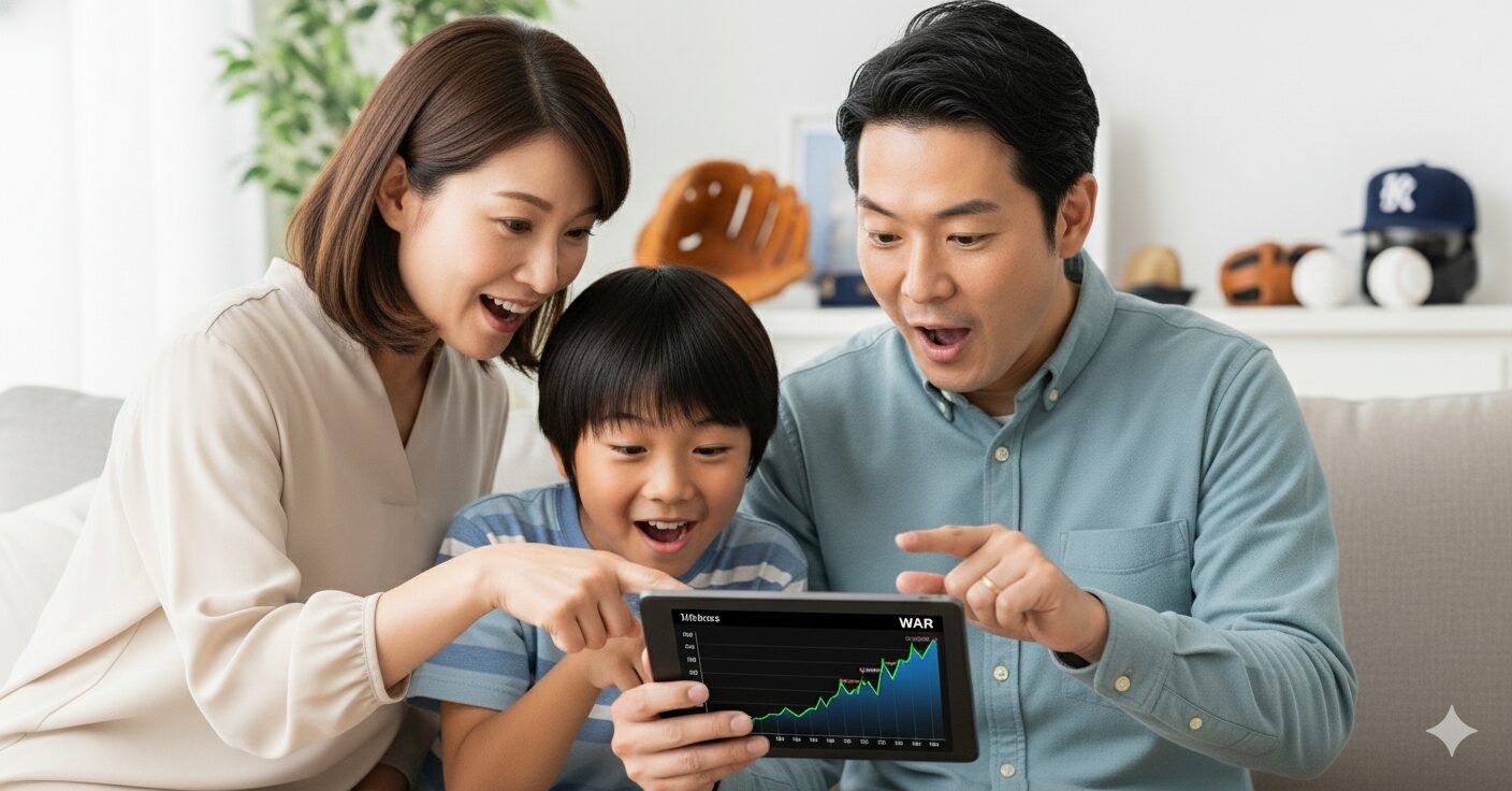親子がタブレットでWARのグラフを見ながら野球観戦を楽しんでいる様子