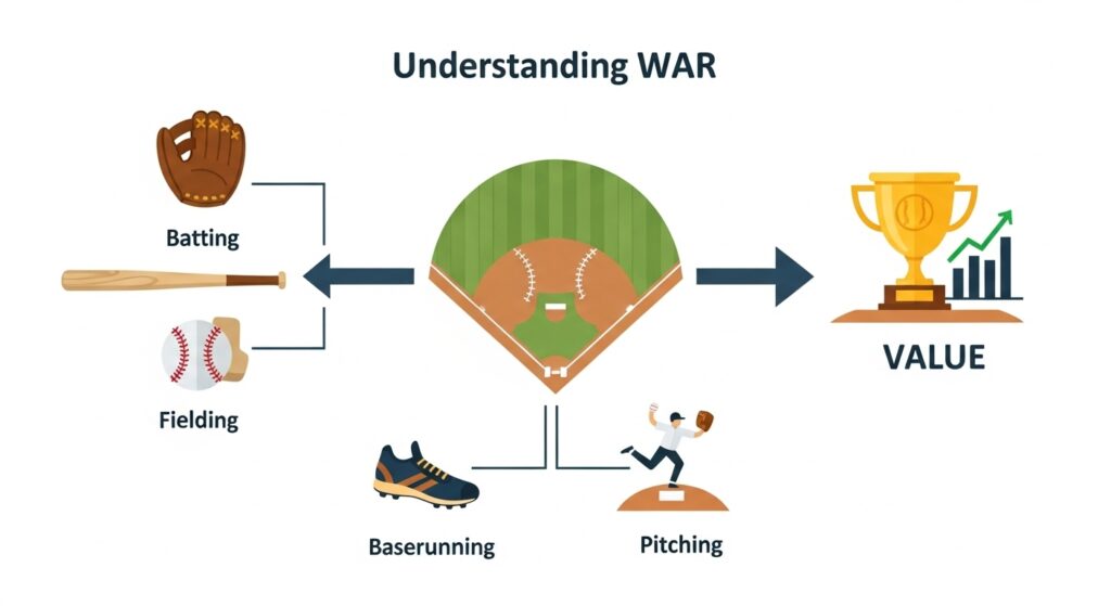 WARが打撃、守備、走塁、投球を統合して選手の価値(VALUE)を評価する指標であることを示すインフォグラフィック