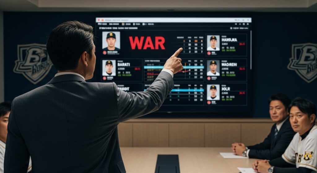プロ野球の球団フロントがWARのデータを分析して選手の評価や戦略を立てている様子