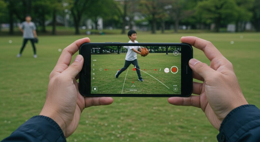 公園でスマートフォンのスローモーション機能を使い、息子の投球フォームを撮影・分析する父親
