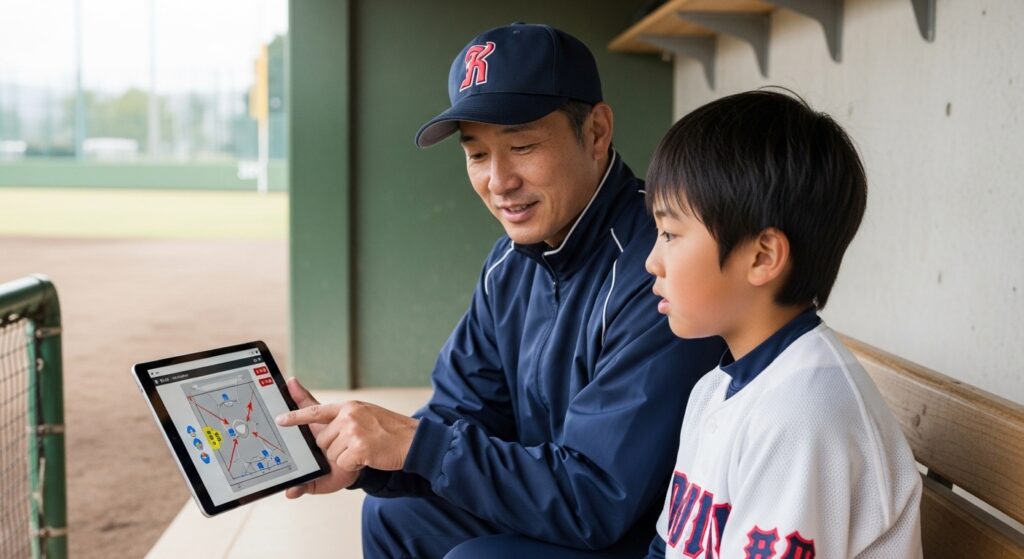タブレットを使いながら戦術を学ぶ少年野球の選手とコーチ