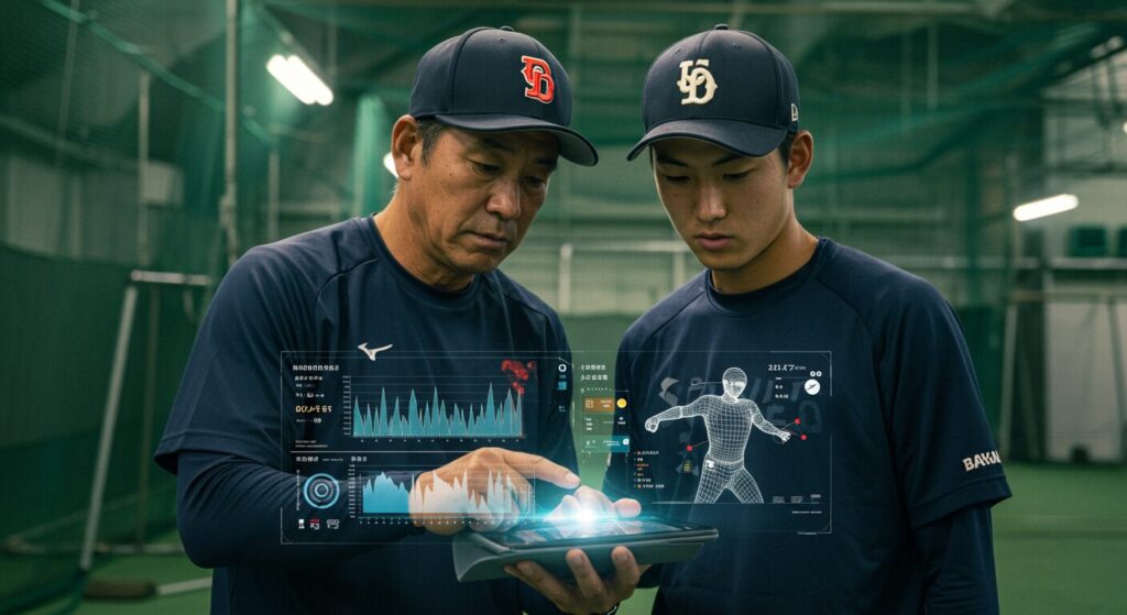 タブレットで投球データを分析する少年野球の指導者と選手